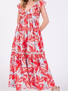 Floral Maxi Dress Ruffle Sleeve Colorful Resort Style